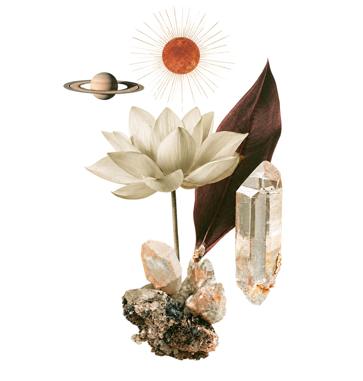 A floating elemental composition of the sun, Saturn, a lotus flower, leaf, quartz crystals, and stone