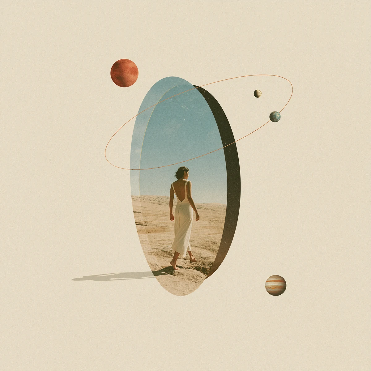 A woman facing into a celestial portal toward an open desert landscape