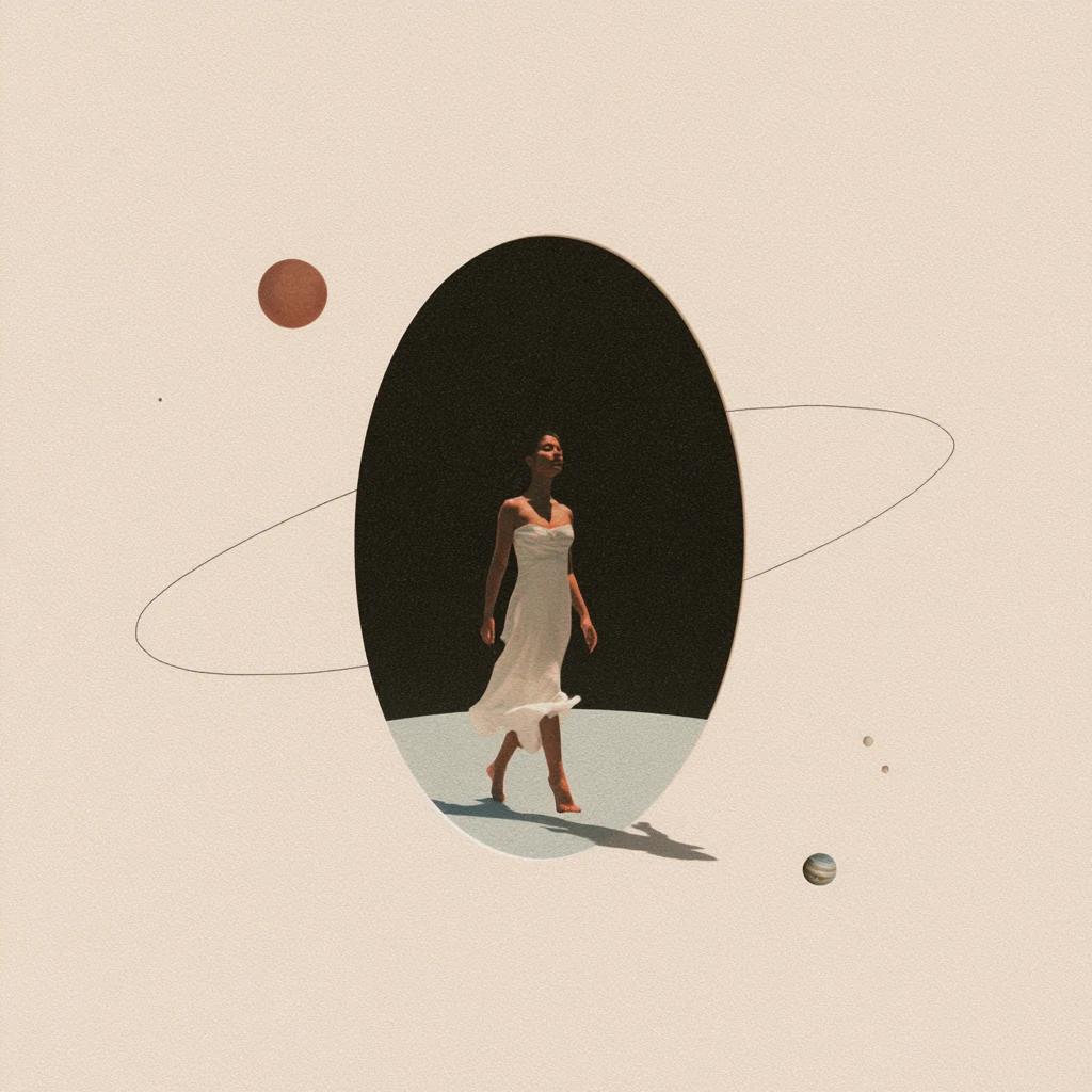 A woman stepping out of a dark celestial portal into the light