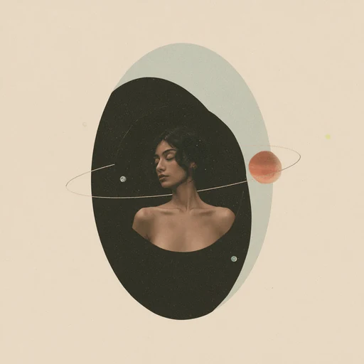 An introspective woman framed by a celestial portal