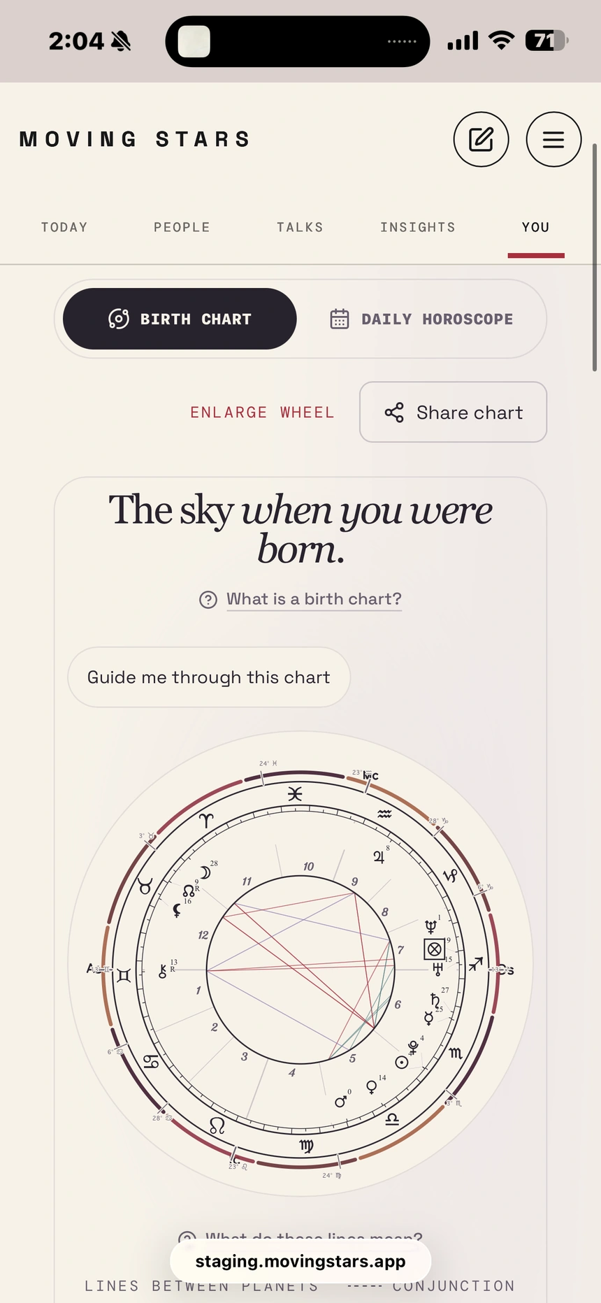 Example birth chart inside Moving Stars