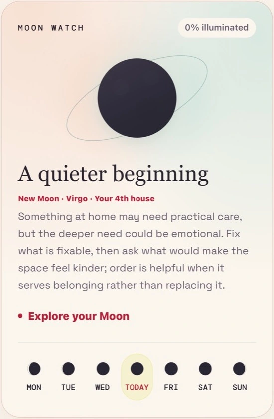 Summer’s Moon Watch example: New Moon in Virgo in her fourth house, with a reflection about caring for home and emotional belonging and a seven-day Moon display.