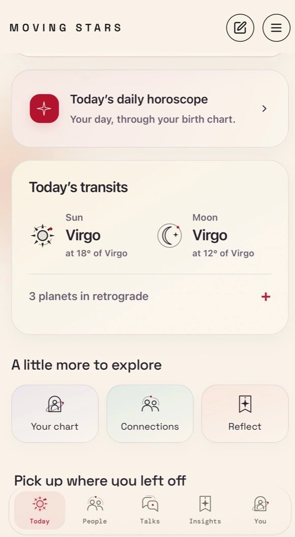 Today in Moving Stars: the current sky, planetary signs, and a personal daily horoscope entry